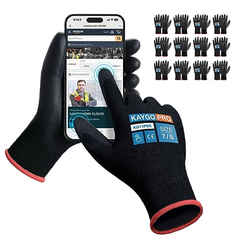 Image of KAYGO Safety Work Gloves, PU Coated, 2-Finger Touchscreen, KG11P | Breathable & Lightweight, Smooth Grip, 13-Gauge Seamless Knit, for Light Warehouse, Manufacturing, Gardening