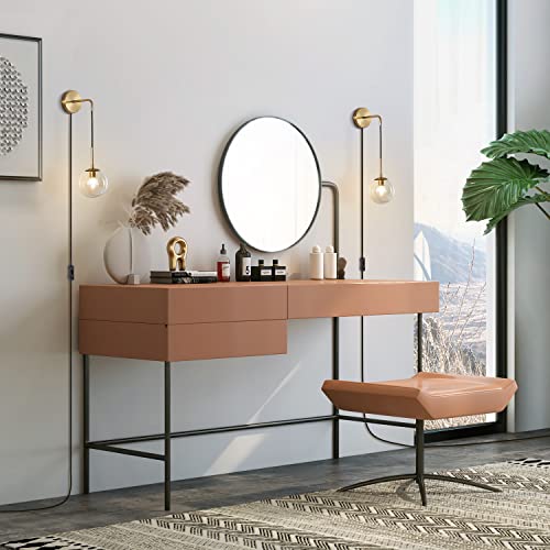 Image of KCO Lighting Modern Plug in Wall Sconce Set of 2 Gold Glass Globe Bathroom Wall Sconce Mid Century Adjustable Wall Lamp Plug in for Corridor Bedroom Entryway (Amber & 2-Pack)