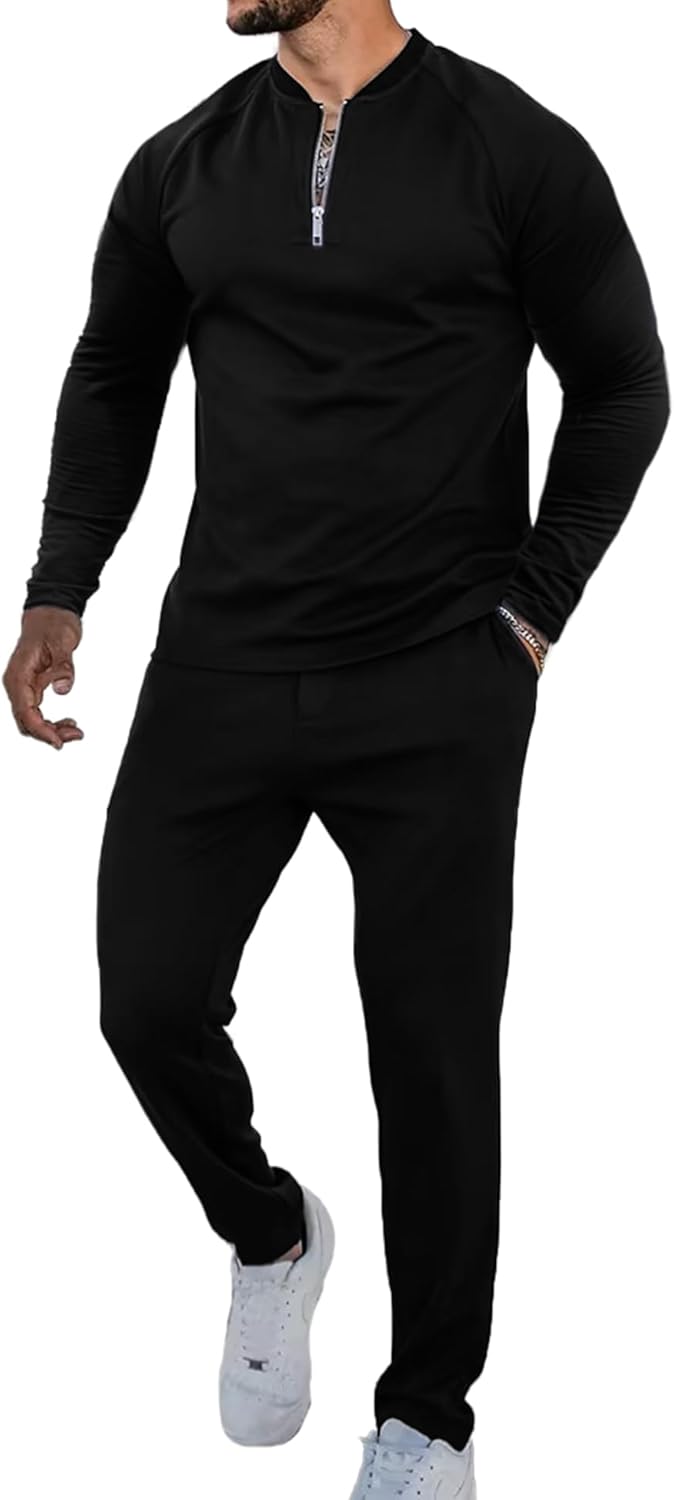 LecGee Mens 2 Piece Tracksuit Long Sleeve Zip Polo Shirts Set Jogging Casual Sweatsuit Athletic Outfits