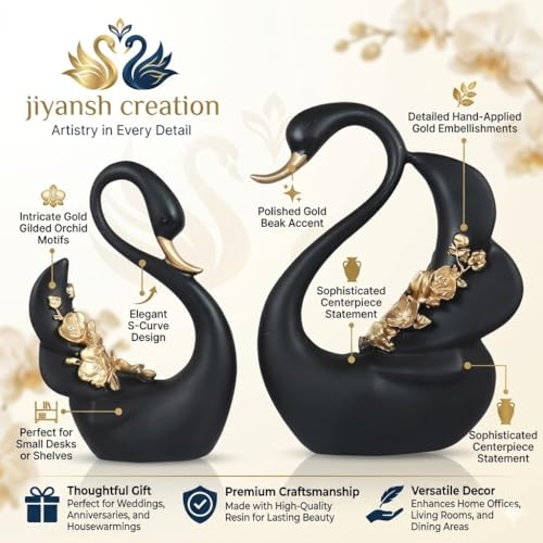 Image of JIYANSH Creation Duck Swan Pair Figurine - Feather Design Black Sculpture for Home Decor Living Room Table - Antique Showpiece Pack of 1 (Black Swan)