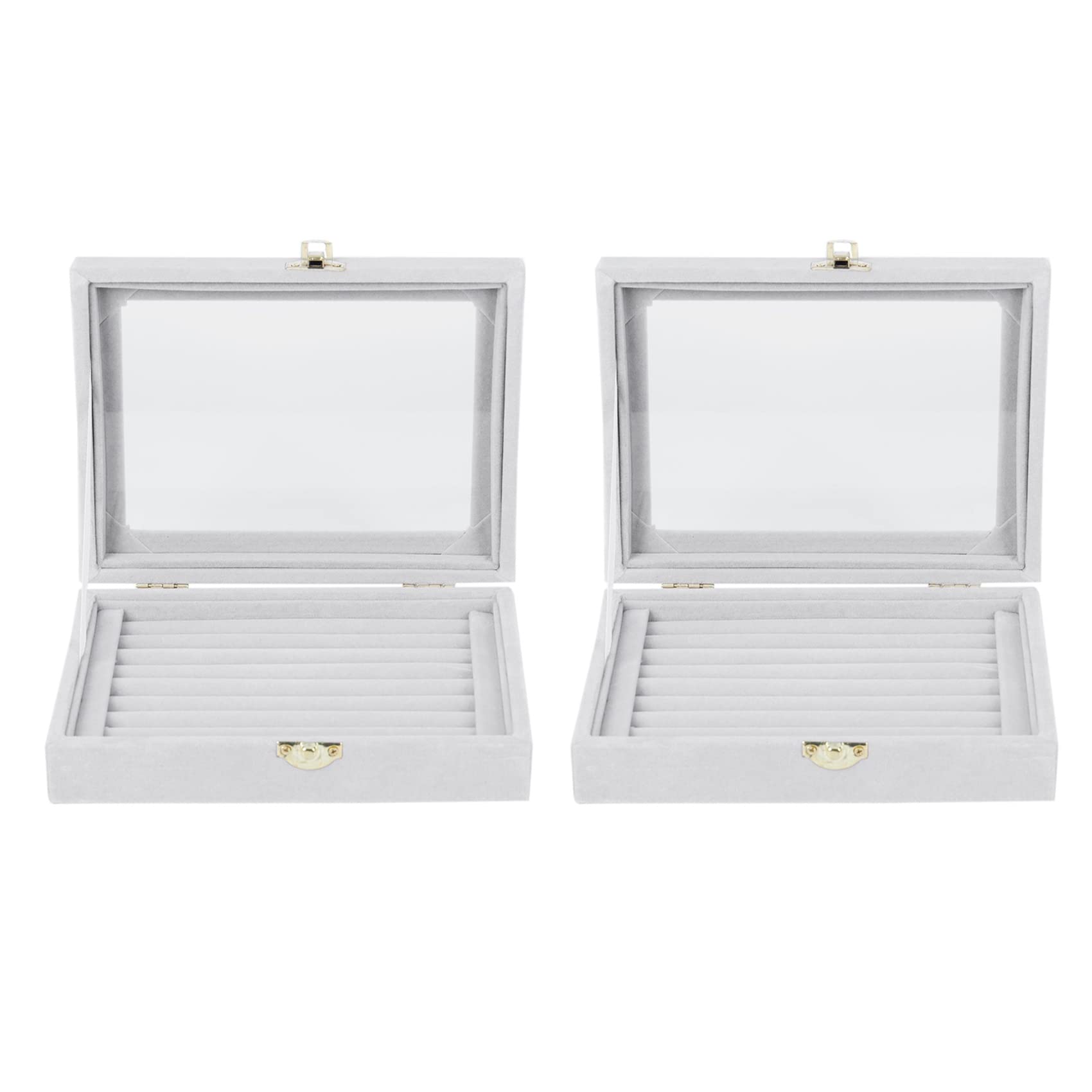 Boite de rangement en velours gris avec couvercle en verre pour bagues et boucles d'oreilles