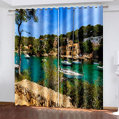 YUIUPD Lot De 2 Rideaux Et Draperies Intérieurs 3D Lac Mer Bateau À Voile Motif Rideau Occultant Enfant pour Fenetre De Salon Et Chambre, Moderne Rideaux Thermiques Phonique 200X160cm(LxH)