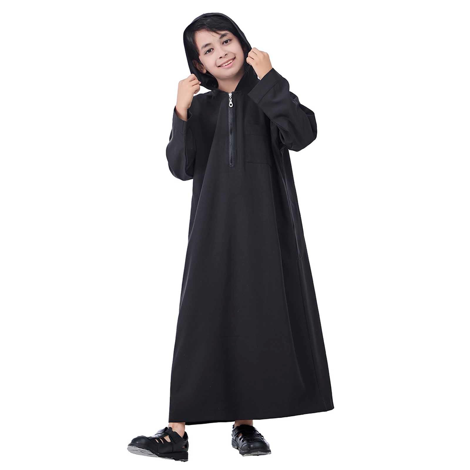 Eid ubrania dla chłopców z długim rękawem z kapturem biały Thobe zamek muzułmański szlafrok wygodny islamski arabski dubaj hidżab szlafrok Jubba na meczet Eid ul-Fitr nabożeństwa i uroczystości