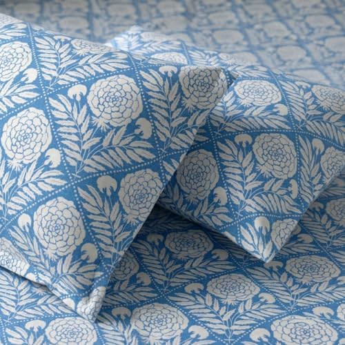 Image of Marrow Lane 300 TC Soft Air Cotton King Size Bedsheet, (108x108 Inches) with 2 Pillow Covers | Ultra Soft, Breathable & Durable | Block Print Floral Design | Blue & White