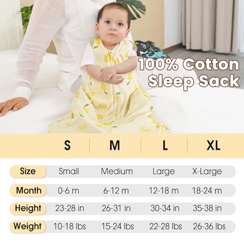 Image of PHF 100% Organic Cotton Baby Sleep Sack 12-18 Months, Soft Lightweight Wearable Blanket for Babies, 2-Way Zipper 0.3 TOG Comfy Toddler Sleeping Sack 3 Pack for Boys Girls Neutral, Lemon (Large)