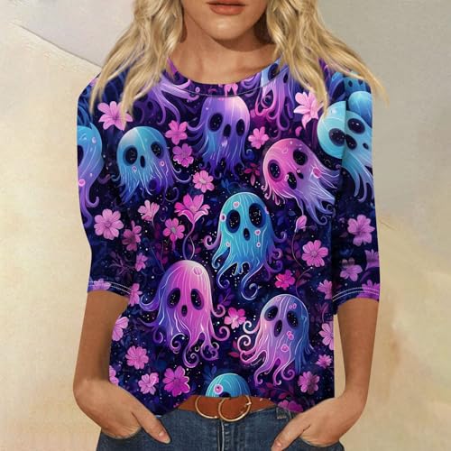 Cute Funny Halloween Shirts for Women Plus Size 3/4 Length Long Sleeve Womens Tops Witch Gothic Renaissance Shirt