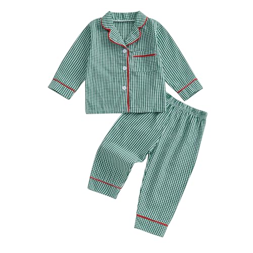 MAINESAKA Baby Girl Boy Plaid Pajamas Set Chritsmas Sleepwear Long Sleeve Button Down Tops Long Pants 2Pcs Pjs Sleep outfits (A-Green, 12-18 Months)