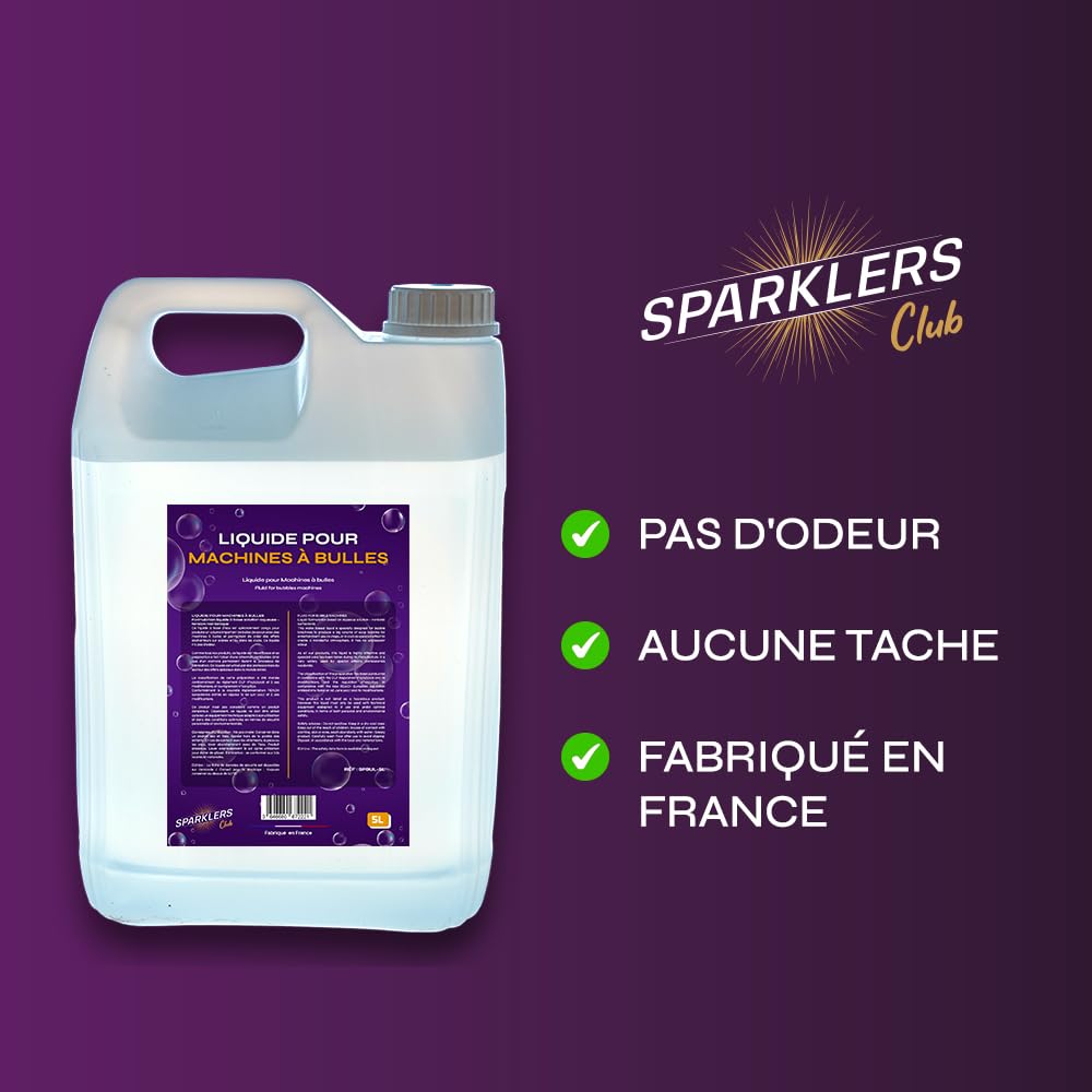 SPARKLERS Club Líquido de Burbujas 5 Litros para Máquina de Burbujas de calidad Made in France, fácil de usar, ideal para fiestas de DJ, caudal superior reciclable