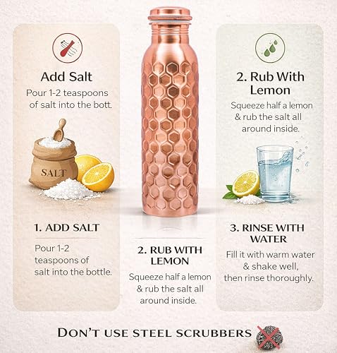Image of Copper Water Bottle 32 oz, Copper Drinking Bottle Honeycomb | 100% Pure Copper, Ayurvedic Tamra Jal Vessel, Leak-Proof Screw Cap, Cleaning Brush included, Reusable