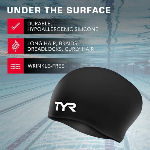 Image of TYR Wrinkle-Free Silicone Long Hair Swim Cap, Durable Asymmetric Hydrodynamic Swim Cap for Long Hair, Braids, and Dreadlocks | Long Hair Accommodation | 100% Silicone Construction | Wrinkle-Free Hydrodynamic Fit | Contour Cut Edges