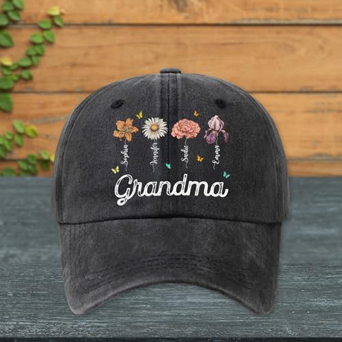 Grandma Garden - Personalized Custom Vintage Washed Denim Cap, Customized Hat with Kid Name, Custom Hat for Women, Summer Hats, Birthday Gift for Mom, Grandmother Present for Mother's Day Christmas4