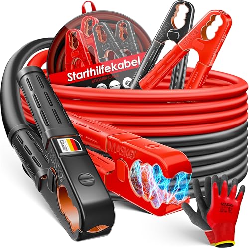 MASKO® Cable de arranque para motores de gasolina y diésel, 12/24 V, para coche, motocicleta y camión, cable de arranque de cobre con 4 pinzas totalmente aisladas, guantes y bolsa 2 x 4 m, 30 mm²
