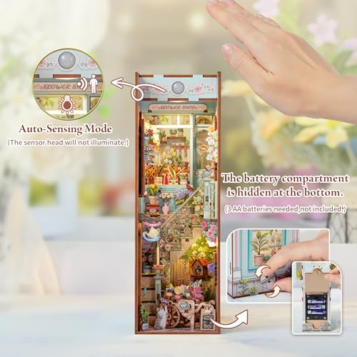Image of Tonecheer DIY Book Nook Kit for Adults, Booknook Wooden 3D Puzzle Bookend Miniature House Kit, Fantasy Bookshelf Decor with Sensor LED Light Gifts for Birthday Valentine's Day (Flower Shop)