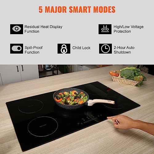 Image of VEVOR Electric Cooktop, 36 inch 5 Burners Induction Stove Top, 9200W Built-in Magnetic Cooktop, 9 Heating Level Multifunctional Burner, LED Touch Screen w /Child Lock & Over-Temperature Guard