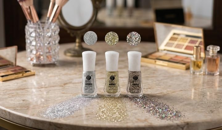 BEAUTY7 Amro Glitter Nail Polish High shine Quick-Dry Long-Lasting Nail Lacquer Glitter Nail Paint for Women and Girls 6ml Each Combo Pack of 6 (Silver-Gold-Multicolour) 1