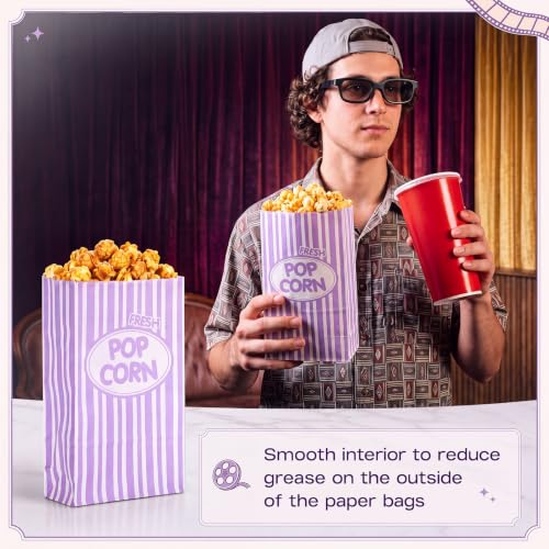 Image of Potchen Paper Popcorn Bags Bulk 2 oz Large Individual Servings Popcorn Bag Flat Bottom Disposable Container Vintage for Movie Night Themed Summer Graduation Party Carnival Supply (200 Pcs,Purple)