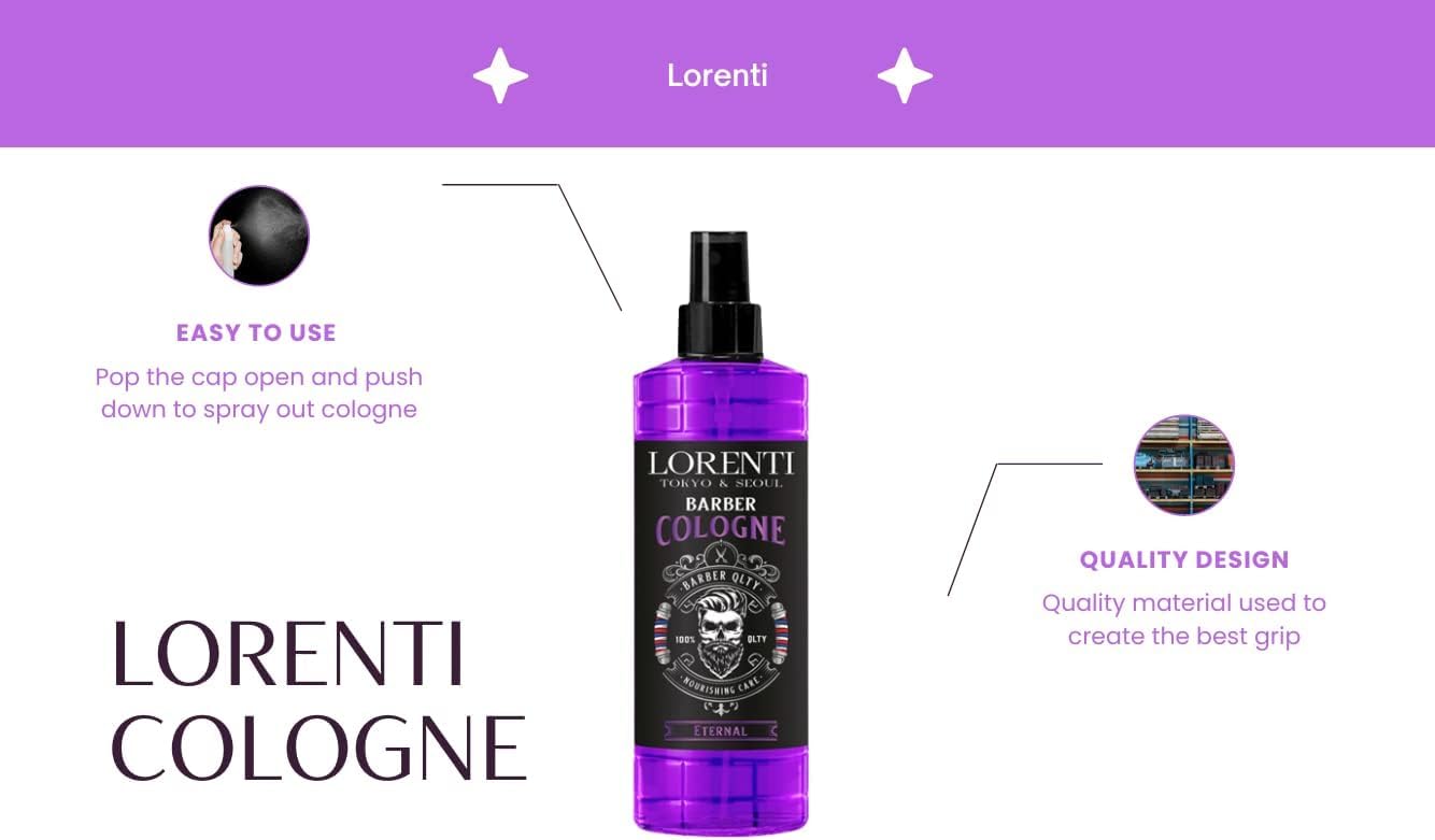 LORENTI TOKYO & SEOUL Barber Cologne ETERNAL 400 ml | spray po goleniu dla mężczyzn | woda zapachowa do golenia dla mężczyzn - Barber Eau de Cologne z praktycznym dozownikiem z pompką | orzeźwiający i