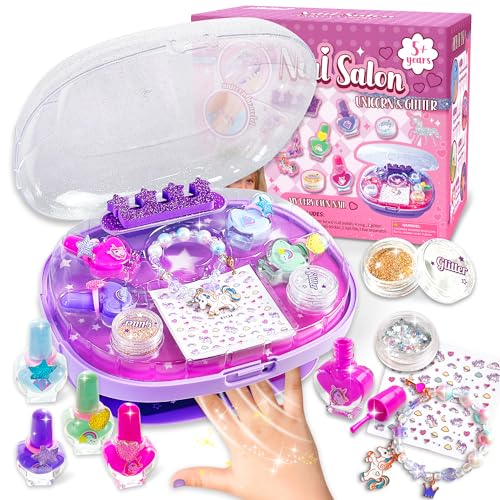 GIRLINK Kid Nail Dryer Set Girl, Girl Nail Kit with Dryer/Peel-able Nail Polish/Rings/Bracelet/Nail Sticker/Nail Sticker/Glitter Powder/ Nail File/Toe Separator