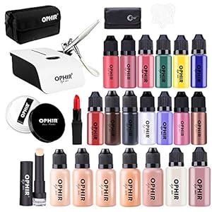 OPHIR 0.3mm Complete Airbrush Makeup System Kit with Mini Air Compressor & 7X 30ML Foundation 13X 10ML Blush Eyeshadow Concealer Loose Powder Set & Bag Cosmetic Set for Movie Stage Makeup