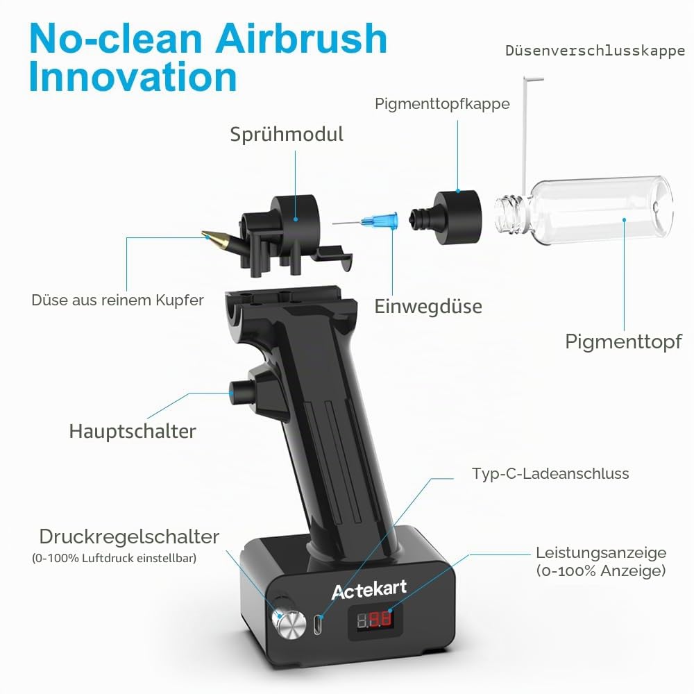 No-Clean Airbrush-Set mit Einwegdüse (50 Stück x 0,2 mm & 100 Stück x 0,3 mm & 100 Stück x 0,5 mm Einwegdüsen), wiederaufladbar, tragbar, schnurlos