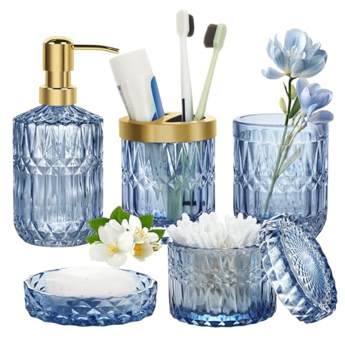 Lot de 5 Accessoires Salle de Bain en Verre - Decoration Salle de Bain avec Distributeur Savon, Porte Brosse à Dents,Tasse en Verre, Pot à Cotons-tiges et Porte-Savon,...