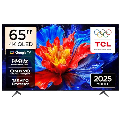 TCL 65P8K Television 65 Inch Smart TV 4K QLED Colorful Quantum Crystal HDR 10+ Gaming Google TV, 144Hz Native Refresh Rate, ONKYO 2.1 Hi-Fi, Dolby Atmos, DTS Virtual X, MEMC, Game Master (2025 Model)