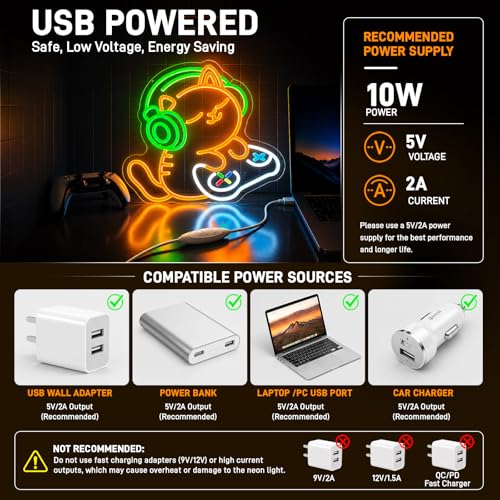 Image of Cat Gaming Neon Sign for Wall Decor, Cute Gamer Cat LED Neon Light with Headphones & Game Controller, USB Powered Dimmable Gaming Room Neon Sign for Bedroom Desk Setup Man Cave Decor