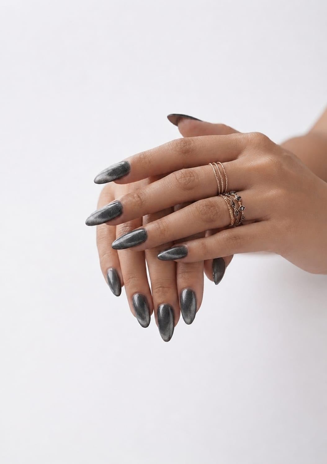 premium press on nails for women with glue, 24 pcs reusable almond shape artificial nails, salon like magnetic cat eye false nails set with manicure kit (mauve shimmer) (grey shed-cat eye)