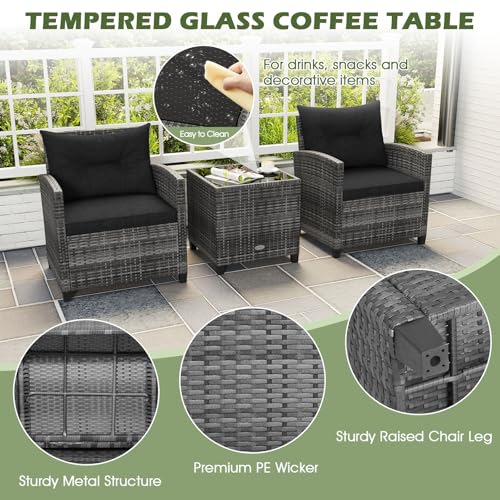 ORALNER Patio Furniture, 3 Pieces Outdoor Wicker Conversation Set Chairs with Soft Cushions and Glass Coffee Table, Rattan Bistro Set for Balcony Garden Deck Front Porch Poolside (Black) - Image 5