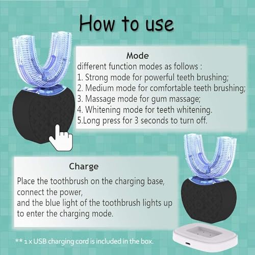 Automatische Ultraschall Zahnbürste, Elektrische Ultraschall-Zahnbürste, 360° Ultraschallzahnbürste für Erwachsene, Zahnaufhellungsbürste mit Timer Elektrozahnbürste Kabelloses Laden (Black) – Bild 7