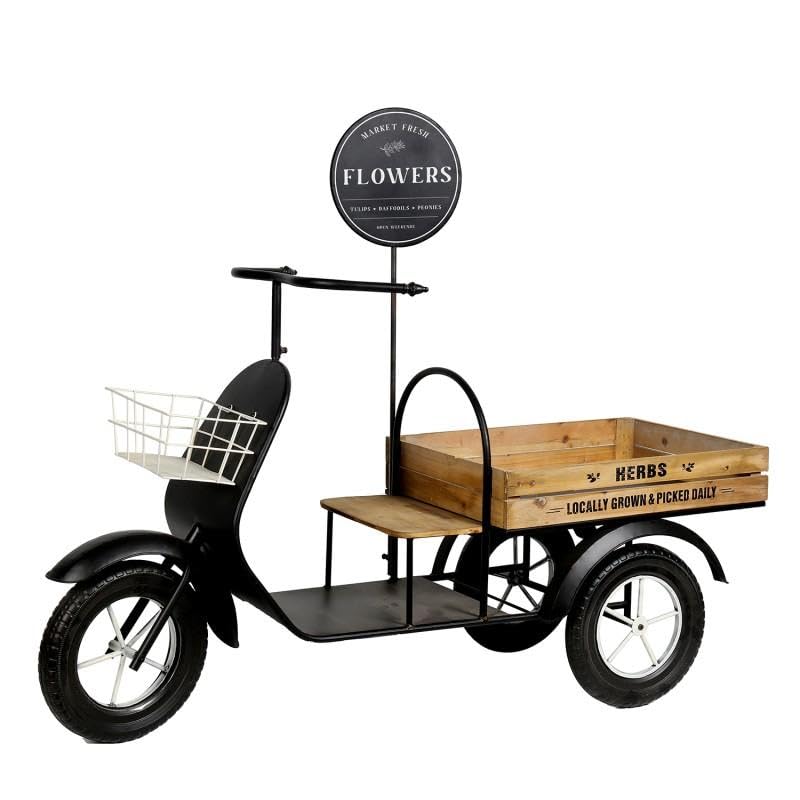 DRW Motocarro Blumenkasten aus Metall und Holztablett in Schwarz und Natur, 106 x 135 x 44 cm