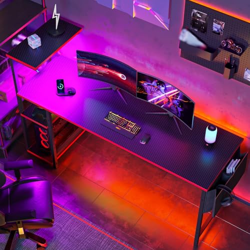 Image of Bestier Gaming Desk with Shelves, 61 Inch Large PC Gaming Table with LED Lights, Led Gamer Desk with 4 Tiers Reversible Storage Shelves for Game & Bedroom Room (Black Grained)