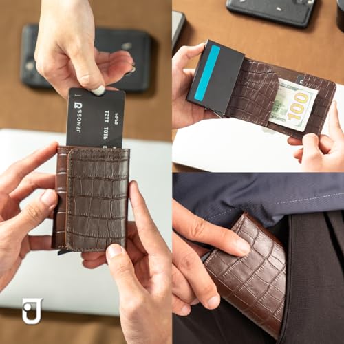 Image of Jenoss Smart Wallet For Men: Full Grain Leather, Handcrafted, Slide Metal Pop Up Case, Slim RFID Blocking Credit Card Holder, Minimalist, Compact, 6-8 Cards Organizers, Front Pocket, Clip (Burgandy)