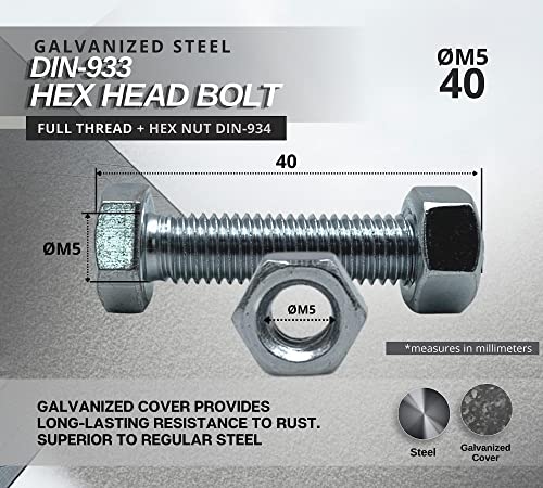 DOJA Barcelona Screws with Nuts, 50 Hexagon Bolts with 50 Nuts, M5 x 40 mm, Galvanised Steel, Bolts and Nuts - Image 3