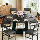 HUAHUU Round Dining Table Set for 6, 7-Piece Kitchen Table and Chairs for 6, 47'' Round Dining Room Table Set with 6 Chairs, Space Saving Dining Table with Wood Base for Kitchen, Living Room, Black