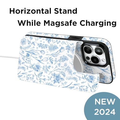 Image of uCOLOR for iPhone 13 Pro Max Wallet Case Magsafe with Card Holder Slot【Compatible with MagSafe】 Folio Flip PU Leather Double Magnetic RFID Design 6.7 inch (Blue Toile Flowers)