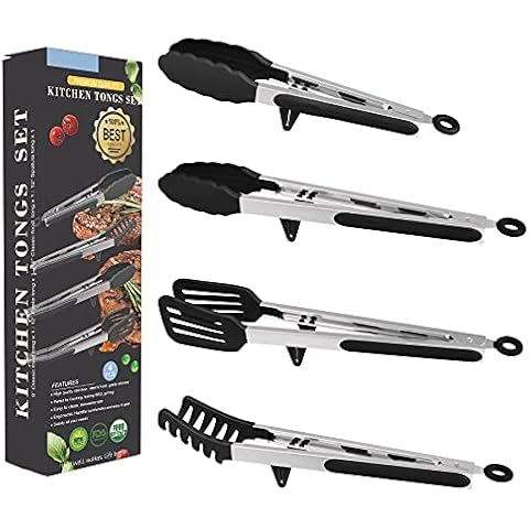 4in1 Stainless Steel Kitchen Food Tongs Set for Cooking with BPA Free Silicone Tips, Toaster Steak Pie Pizza Pasta Spaghetti Noodles Salad Fruit Vegetable Grill BBQ Buffet Clamp Serving Tools Gadgets Cover
