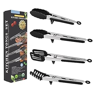 4in1 Stainless Steel Kitchen Food Tongs Set for Cooking with BPA Free Silicone Tips, Toaster Steak Pie Pizza Pasta Spaghetti Noodles Salad Fruit Vegetable Grill BBQ Buffet Clamp Serving Tools Gadgets