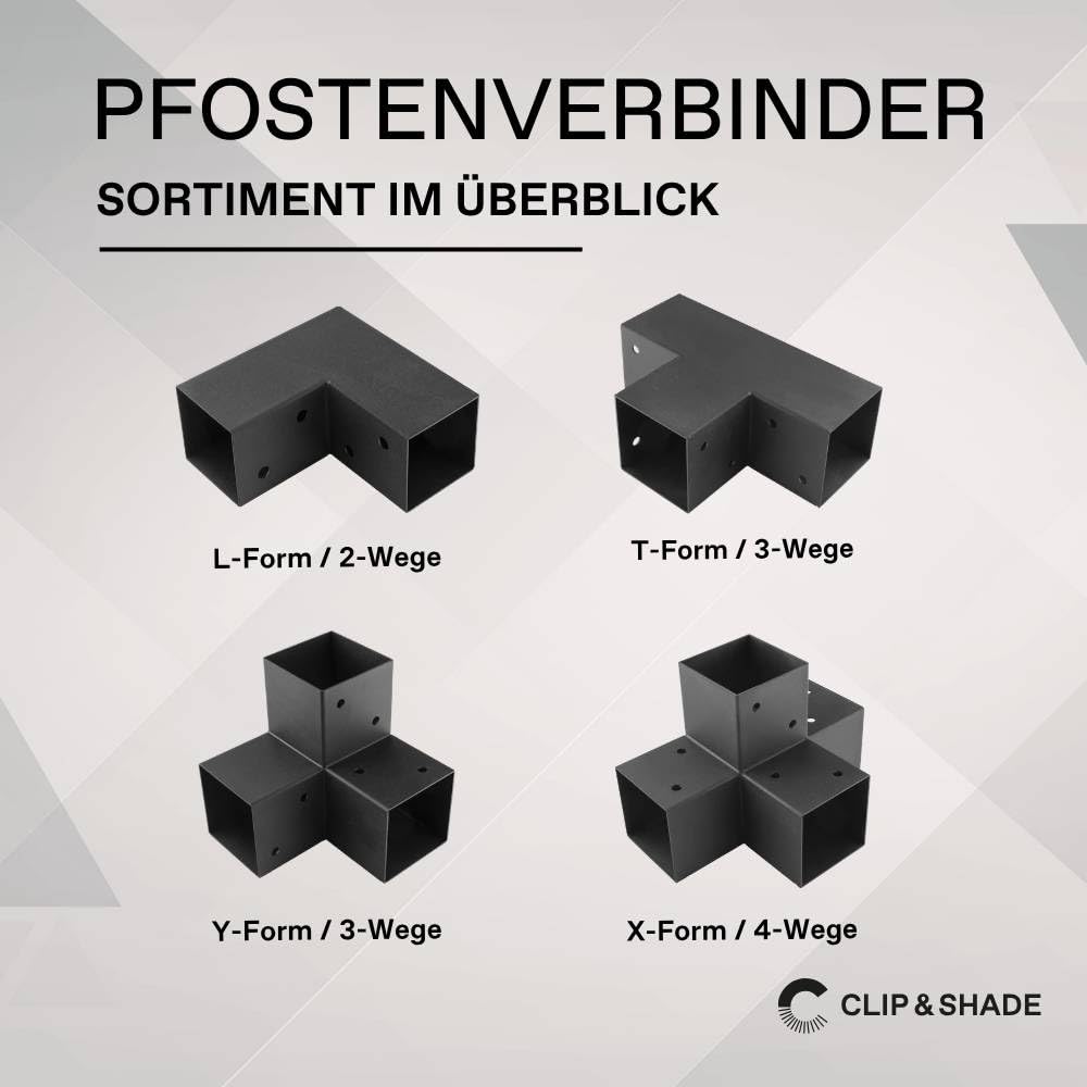 CLIP & SHADE Pfostenträger 90x90 L-Eckverbinder 2-Wege für Holzpfosten | Balkenschuhe 9x9 verzinkt & pulverbeschichtet | Pfostenverbinder für Pergola, Carport, Terrassenüberdachung