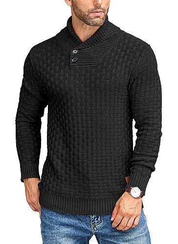 COOFANDY Men's Shawl Collar Pullover Sweater Casual Slim Fit Button Textured Knit Sweaters