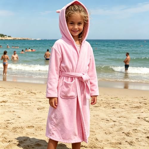 Image of Kids Swim Cover Up Boys Girls Cotton Tie Hooded Towel Robe