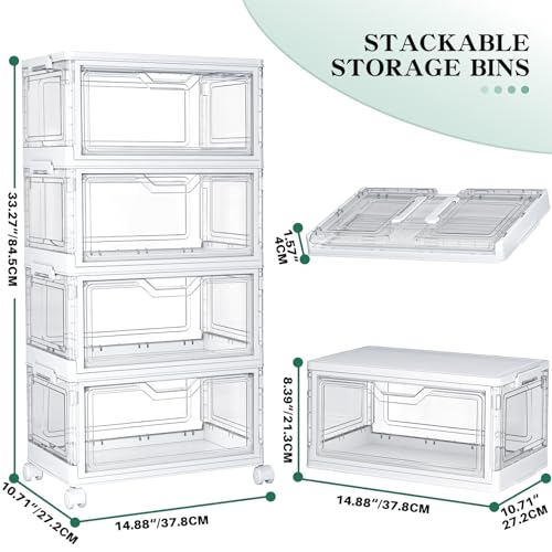 Image of Storage Boxes with Lid - Plastic Storage Bins with 1 Lid,25L*4 Tier Clear Stackable Storage Boxes with Wheels,Large Bins Organizer