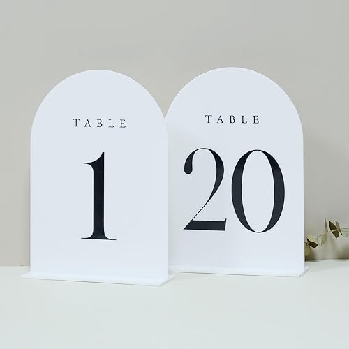 JINMURY Números de mesa de arco blanco para boda, paquete de 20 unidades de mesa de acrílico de arco blanco de 5 x 7 pulgadas, números 1-20 con