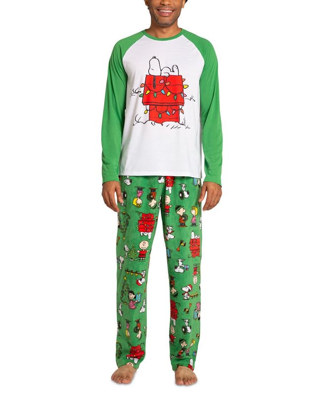 Briefly Stated Men's Matching Peanuts Raglan-Sleeve Top and Pajama Pants Set (Green Multi, Large)
