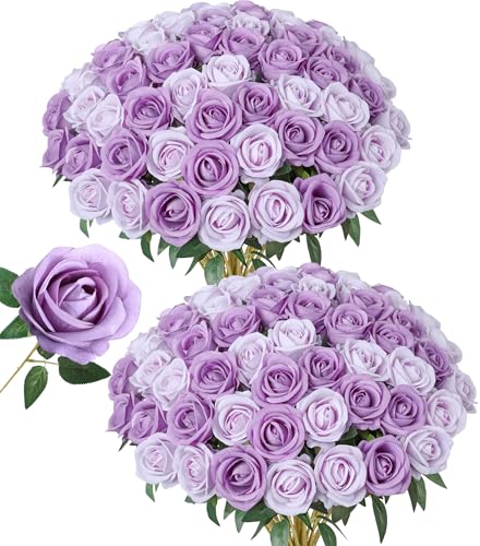 Image of 50 PCS Purple Roses Artificial Flowers, Fake Roses with Stem Realistic Silk Roses for DIY Wedding Bouquets Table Centerpieces Arrangements Baby Shower Birthday Home Decor Valentine's Day Gift for Her