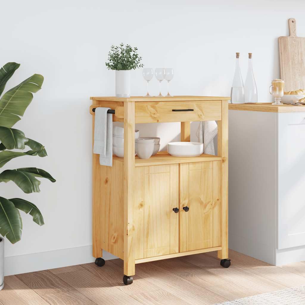 Monza - Carrello da cucina in legno di pino massiccio, 60 x 40 x 88,5 cm, con cassetto, ripiano, portasciugamani e spazio portaoggetti, versatile carrello da portata e carrello con rotelle per