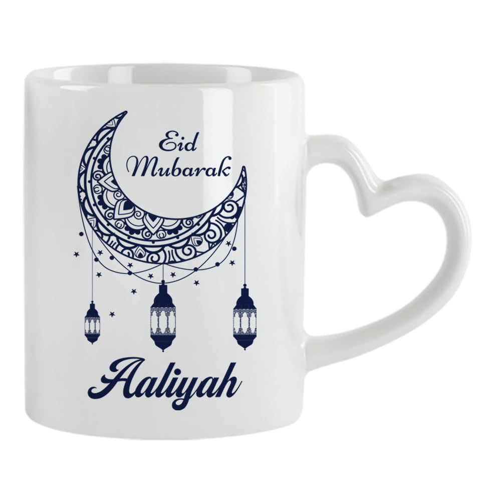 Personalised Eid Mubarak, Happy Eid Gift, Ramadan Greeting, Heart Handle Coffee, Tea Mug. (White)