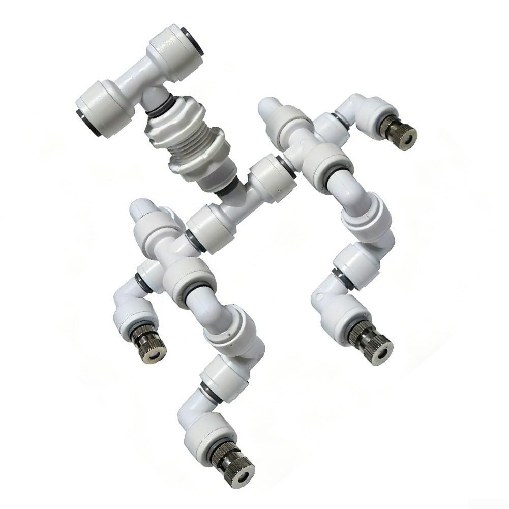 Sistema de nebulización de latón con 4 boquillas para terrarios y recintos para Reptiles, Control de Humedad de pulverización Fina Ajustable e irrigación de Plantas, Color Blanco.