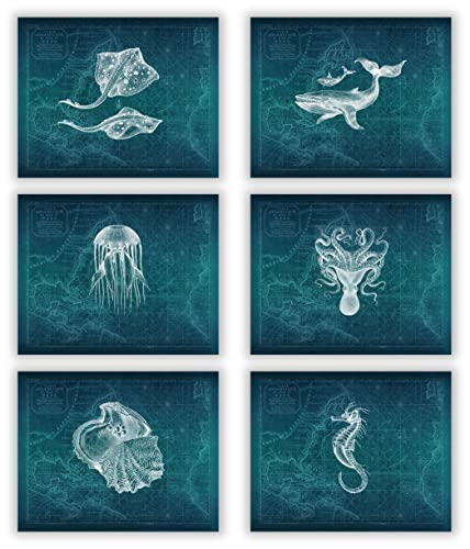 Nautical World Map Wall Art Decor Poster - Set Of 6 ( 8X10 Inch ) Teal Ocean Nautical Coastal Whale Seahorse Jellyfish Octopus Posters & Prints, Wall Art For Living Room, Office Decor, Nautical Wall Art By Zagly Wall Decor (Teal) #TOP26