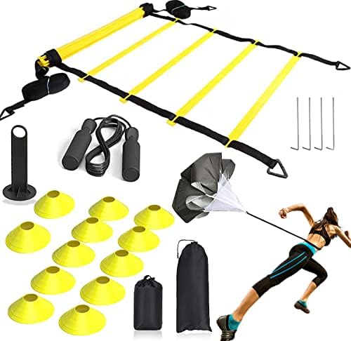 Agility Ladder, Agility Training Equipment Set, Soccer Training Equipment for Kids,20 Feet 12 Rungs Speed Training Equipment Set, Jump Rope, Parachute and 12 Cones, for Basketball, Football Training